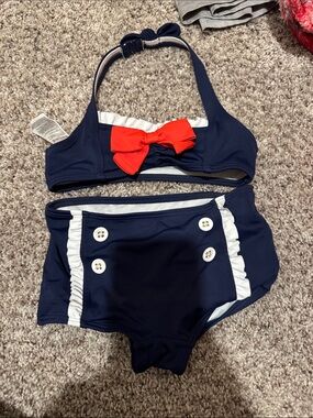 Janie and Jack Navy Two-Piece Swim Set with Red Bow